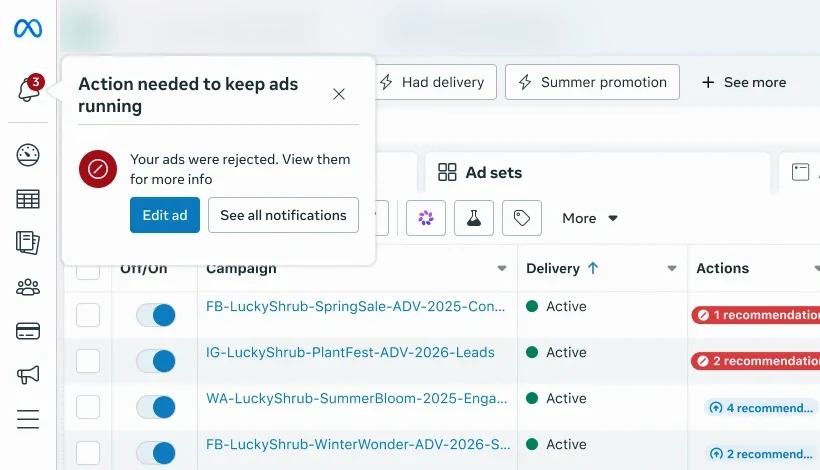 Critical alert card arriving beside the Ads Manager notification bell